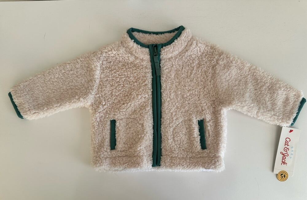 Cat & Jack Baby Sherpa Fleece Zip Jacket Coat 0-3M Beige Green Unisex NWT